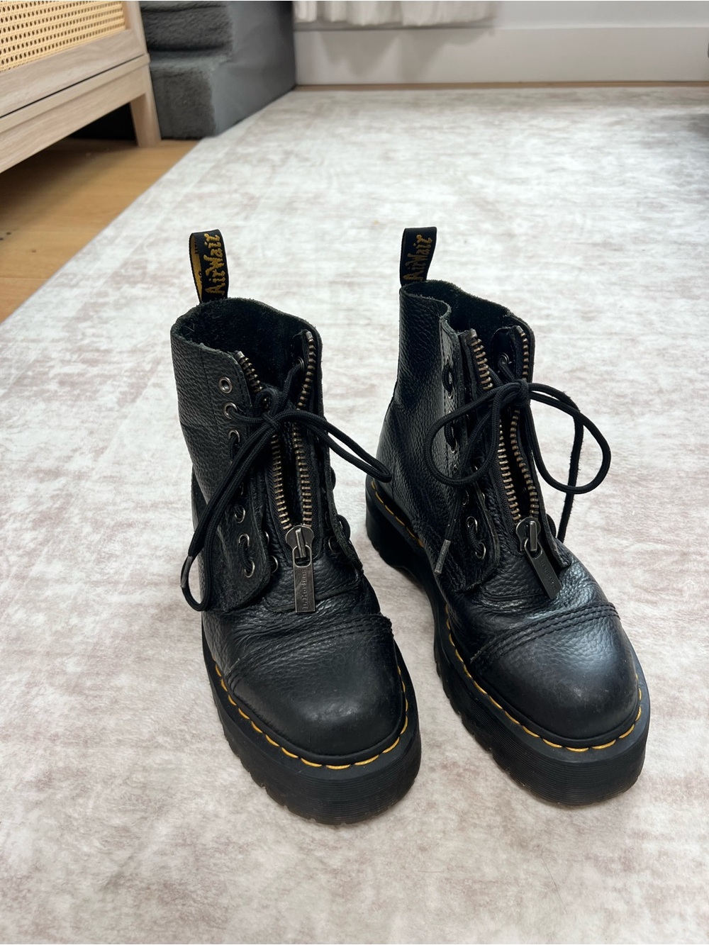 Dr. Martens Black Leather Platform Lace-Up Boots with Yellow Stitching